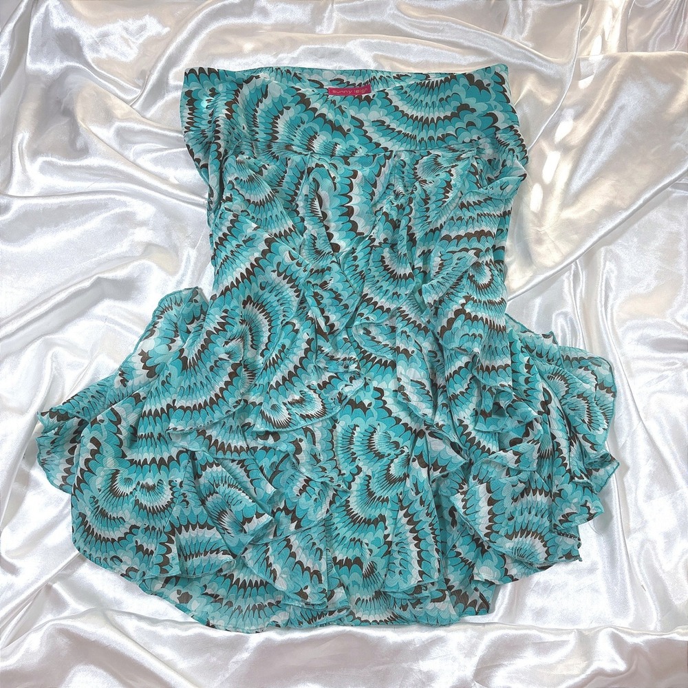 y2k Mini Skirt Teal Excellent Sunny Leigh Ruffled Geometric Fan Print Size 6